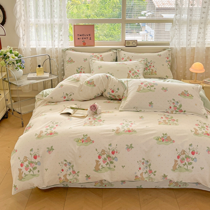 91家纺网 家纺一手货源 找家纺 花梦欣 2025新款全棉纯棉印花单品系列-三件套 桃心粉兔