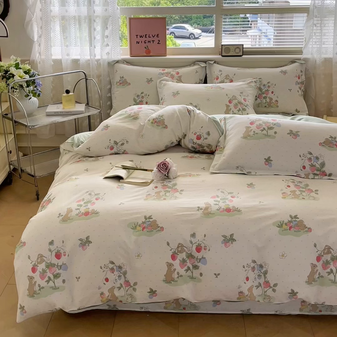 91家纺网 家纺一手货源 找家纺 花梦欣 2025新款全棉纯棉印花单品系列-三件套 桃心粉兔