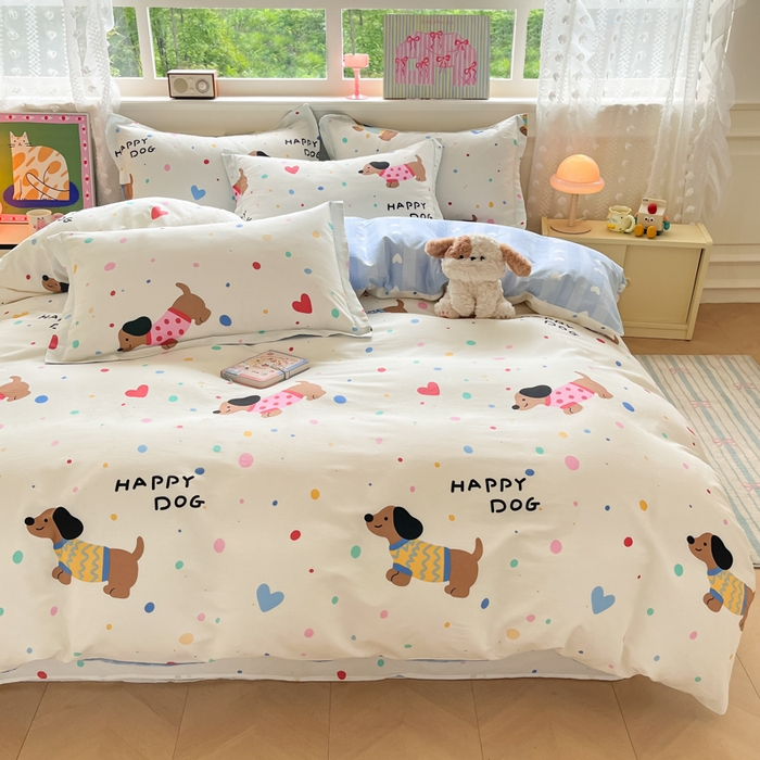 91家纺网 家纺一手货源 找家纺 花梦欣 2025新款全棉纯棉印花单品系列-三件套 甜心汪星人