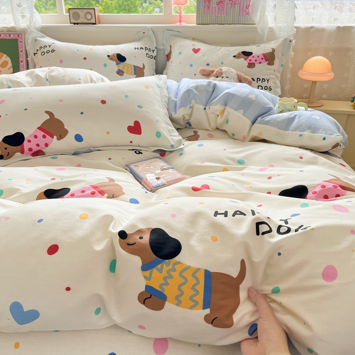 91家纺网 家纺一手货源 找家纺 花梦欣 2025新款全棉纯棉印花单品系列-三件套 甜心汪星人