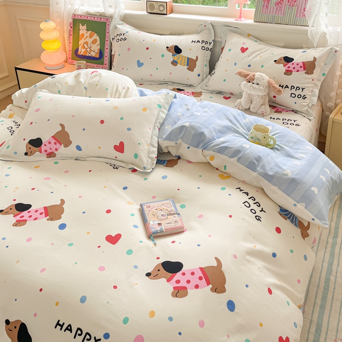 91家纺网 家纺一手货源 找家纺 花梦欣 2025新款全棉纯棉印花单品系列-三件套 甜心汪星人