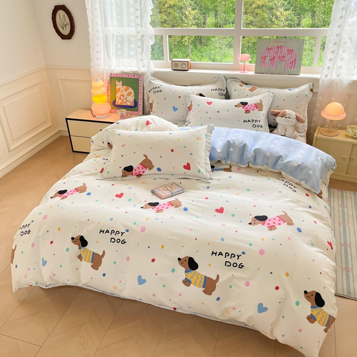 91家纺网 家纺一手货源 找家纺 花梦欣 2025新款全棉纯棉印花单品系列-三件套 甜心汪星人