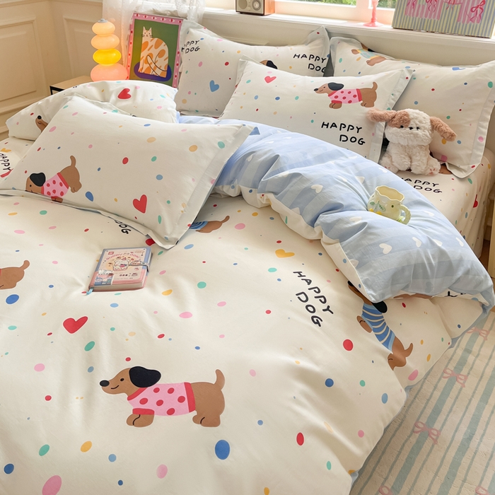 91家纺网 家纺一手货源 找家纺 花梦欣 2025新款全棉纯棉印花单品系列-三件套 甜心汪星人