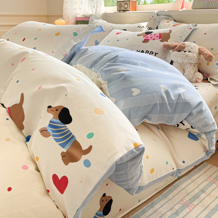 91家纺网 家纺一手货源 找家纺 花梦欣 2025新款全棉纯棉印花单品系列-三件套 甜心汪星人