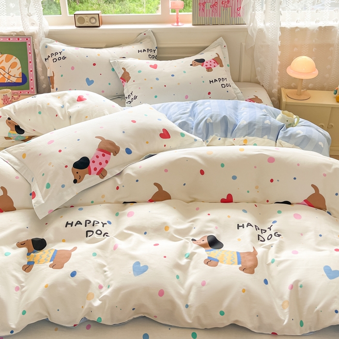 91家纺网 家纺一手货源 找家纺 花梦欣 2025新款全棉纯棉印花单品系列-三件套 甜心汪星人