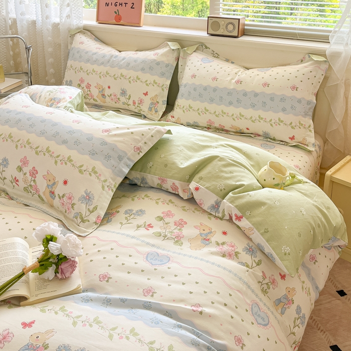 91家纺网 家纺一手货源 找家纺 花梦欣 2025新款全棉纯棉印花单品系列-三件套 兔兔乐园