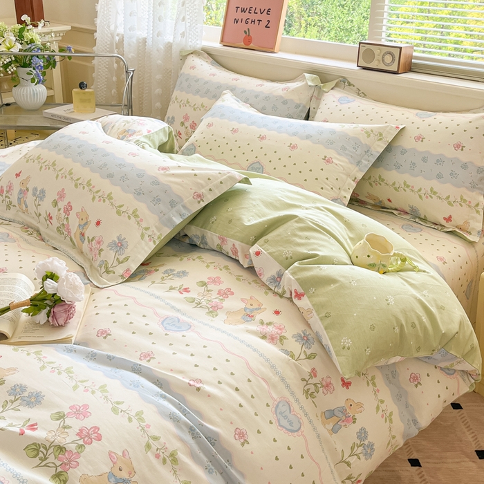 91家纺网 家纺一手货源 找家纺 花梦欣 2025新款全棉纯棉印花单品系列-三件套 兔兔乐园