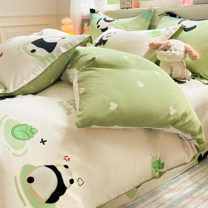 91家纺网 家纺一手货源 找家纺 花梦欣 2025新款全棉纯棉印花单品系列-三件套 熊猫乐园绿