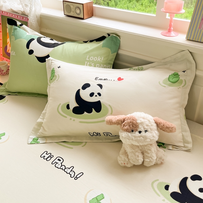 91家纺网 家纺一手货源 找家纺 花梦欣 2025新款全棉纯棉印花单品系列-三件套 熊猫乐园绿