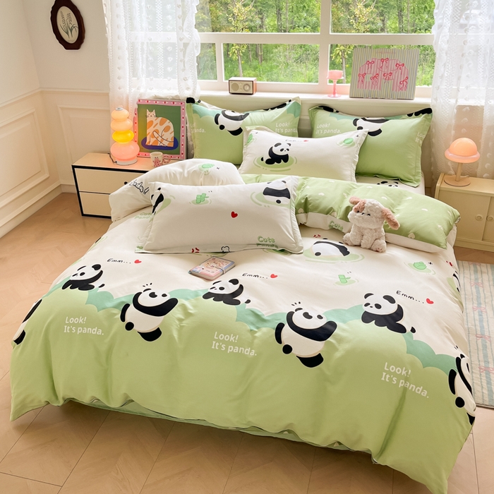 91家纺网 家纺一手货源 找家纺 花梦欣 2025新款全棉纯棉印花单品系列-三件套 熊猫乐园绿