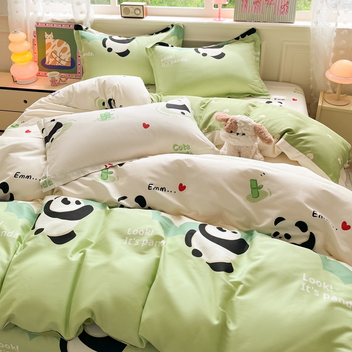 91家纺网 家纺一手货源 找家纺 花梦欣 2025新款全棉纯棉印花单品系列-三件套 熊猫乐园绿