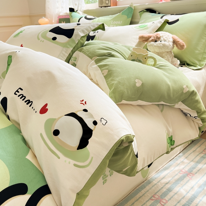 91家纺网 家纺一手货源 找家纺 花梦欣 2025新款全棉纯棉印花单品系列-三件套 熊猫乐园绿