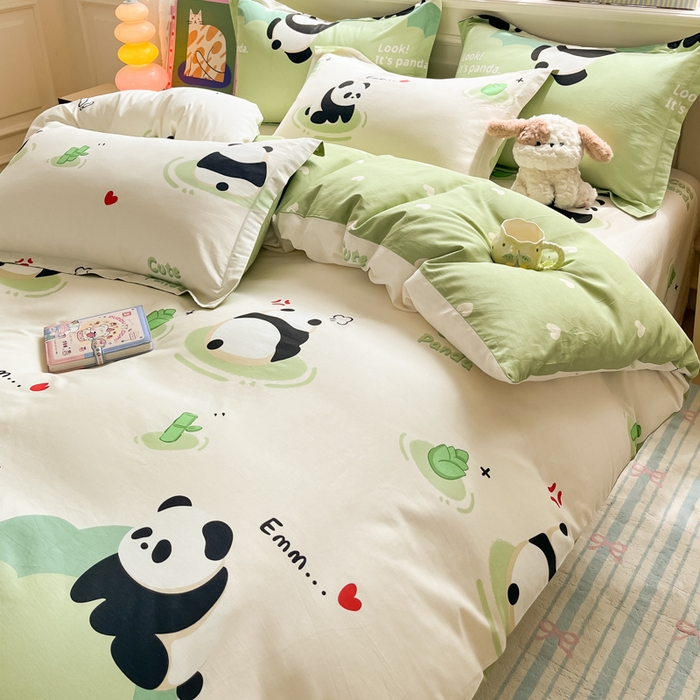 91家纺网 家纺一手货源 找家纺 花梦欣 2025新款全棉纯棉印花单品系列-三件套 熊猫乐园绿