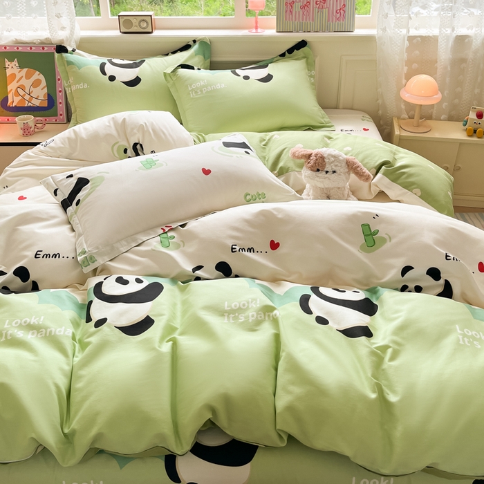 91家纺网 家纺一手货源 找家纺 花梦欣 2025新款全棉纯棉印花单品系列-三件套 熊猫乐园绿