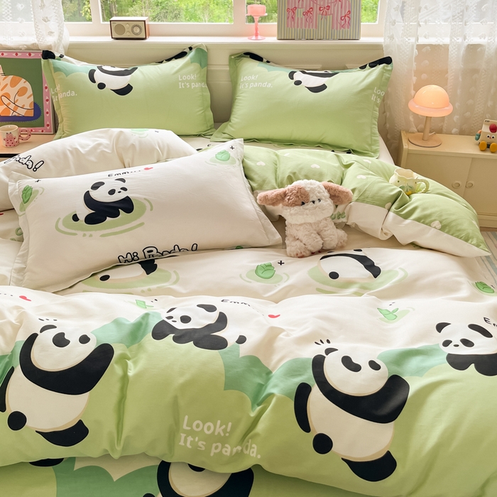 91家纺网 家纺一手货源 找家纺 花梦欣 2025新款全棉纯棉印花单品系列-三件套 熊猫乐园绿