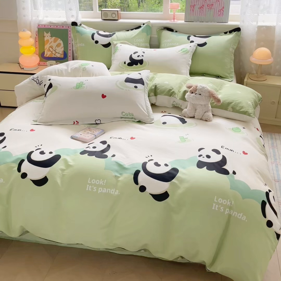 91家纺网 家纺一手货源 找家纺 花梦欣 2025新款全棉纯棉印花单品系列-三件套 熊猫乐园绿