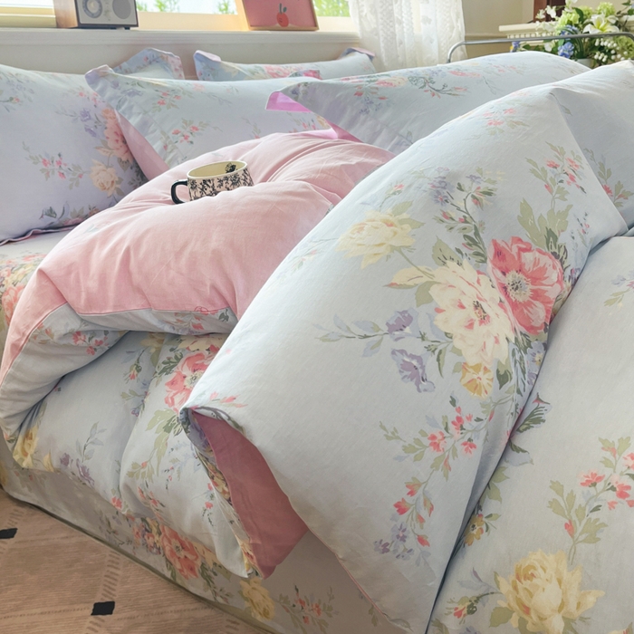 91家纺网 家纺一手货源 找家纺 花梦欣 2025新款全棉纯棉印花单品系列-三件套 栀夏海棠蓝