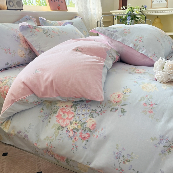 91家纺网 家纺一手货源 找家纺 花梦欣 2025新款全棉纯棉印花单品系列-三件套 栀夏海棠蓝