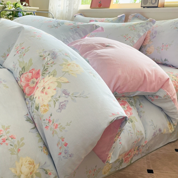 91家纺网 家纺一手货源 找家纺 花梦欣 2025新款全棉纯棉印花单品系列-三件套 栀夏海棠蓝