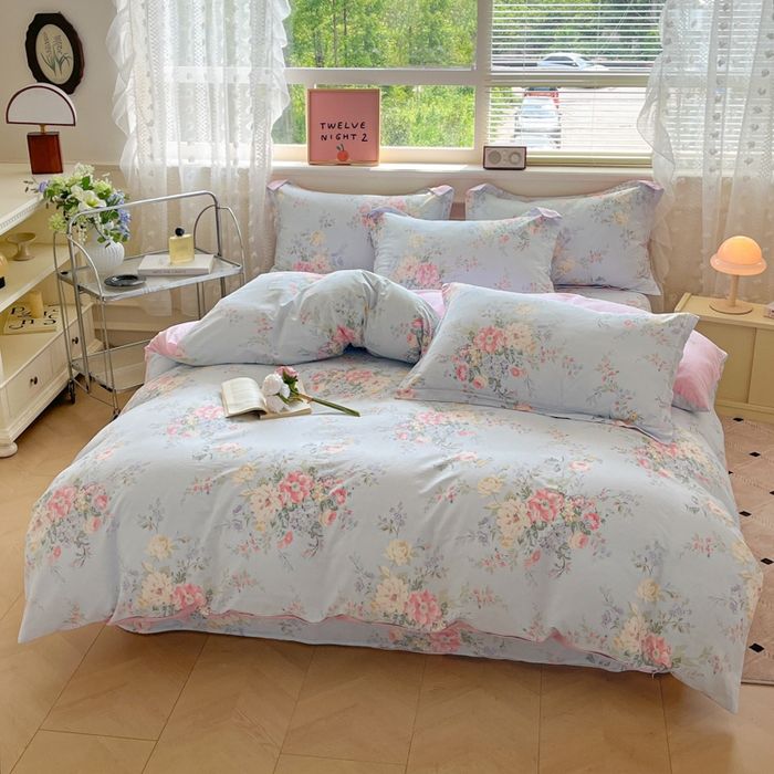 91家纺网 家纺一手货源 找家纺 花梦欣 2025新款全棉纯棉印花单品系列-三件套 栀夏海棠蓝