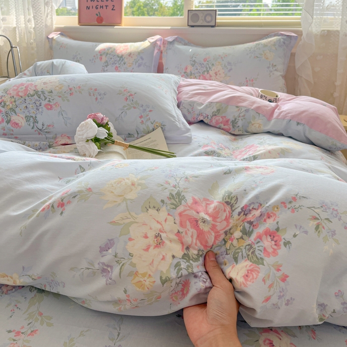 91家纺网 家纺一手货源 找家纺 花梦欣 2025新款全棉纯棉印花单品系列-三件套 栀夏海棠蓝