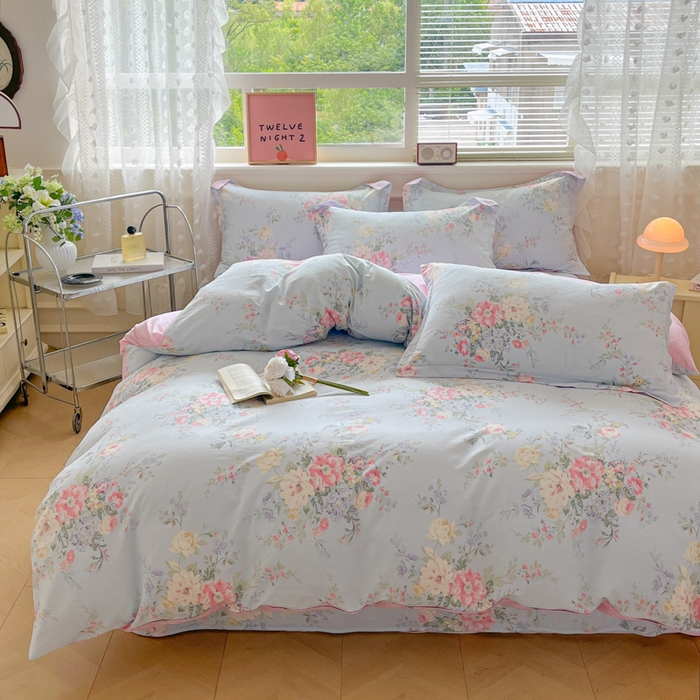 91家纺网 家纺一手货源 找家纺 花梦欣 2025新款全棉纯棉印花单品系列-三件套 栀夏海棠蓝