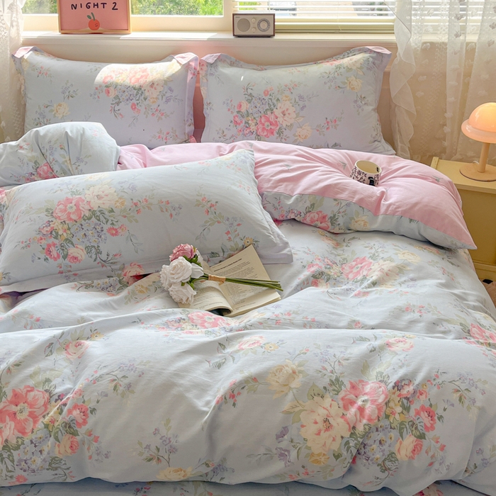 91家纺网 家纺一手货源 找家纺 花梦欣 2025新款全棉纯棉印花单品系列-三件套 栀夏海棠蓝