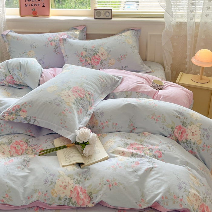 91家纺网 家纺一手货源 找家纺 花梦欣 2025新款全棉纯棉印花单品系列-三件套 栀夏海棠蓝