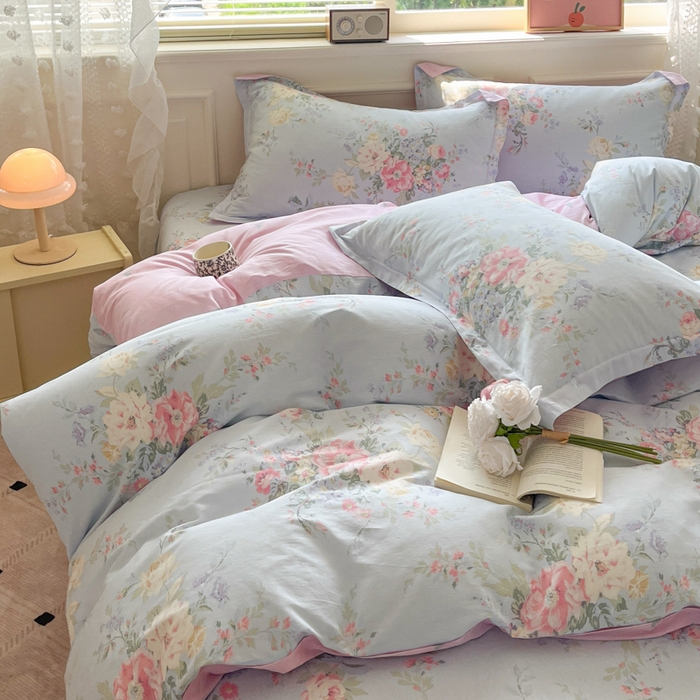 91家纺网 家纺一手货源 找家纺 花梦欣 2025新款全棉纯棉印花单品系列-三件套 栀夏海棠蓝