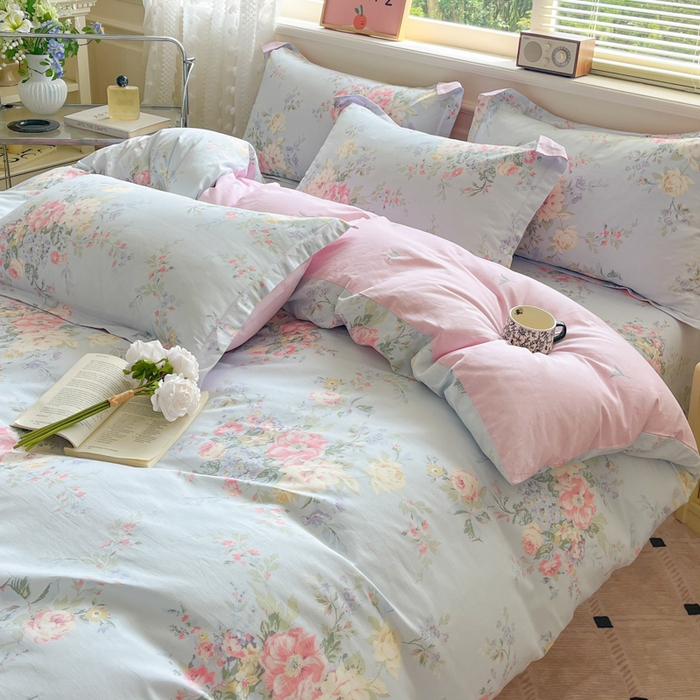 91家纺网 家纺一手货源 找家纺 花梦欣 2025新款全棉纯棉印花单品系列-三件套 栀夏海棠蓝