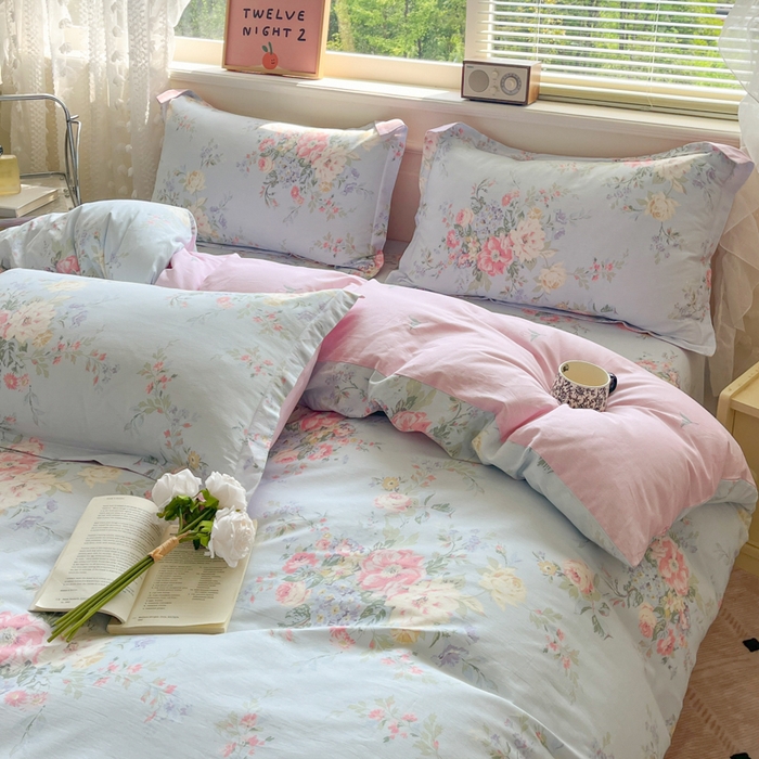 91家纺网 家纺一手货源 找家纺 花梦欣 2025新款全棉纯棉印花单品系列-三件套 栀夏海棠蓝