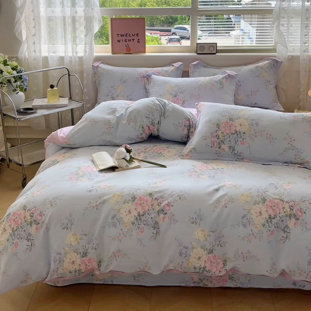 91家纺网 家纺一手货源 找家纺 花梦欣 2025新款全棉纯棉印花单品系列-三件套 栀夏海棠蓝