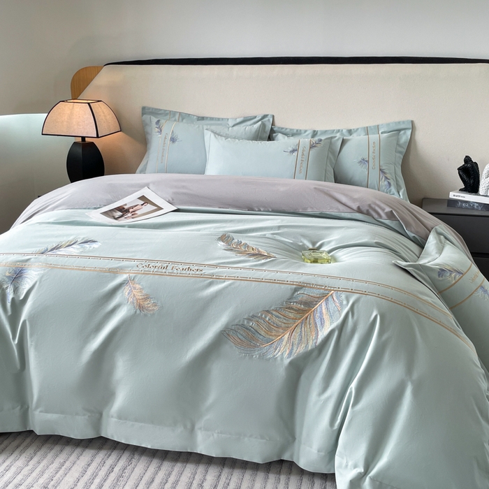 91家纺网 家纺一手货源 找家纺 桃园 2025新款纯棉全棉长绒棉磨毛四件套不掉毛-羽翼 （高端礼盒） 羽翼-飘蓝