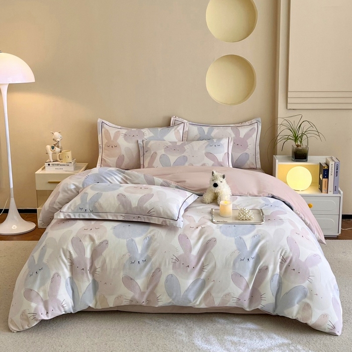 91家纺网 家纺一手货源 找家纺 沐白家居 2025新款全棉生态磨毛四件套萌萌兔-粉