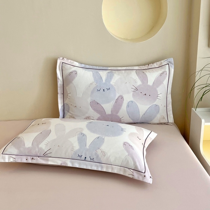 91家纺网 家纺一手货源 找家纺 沐白家居 2025新款全棉生态磨毛四件套萌萌兔-粉