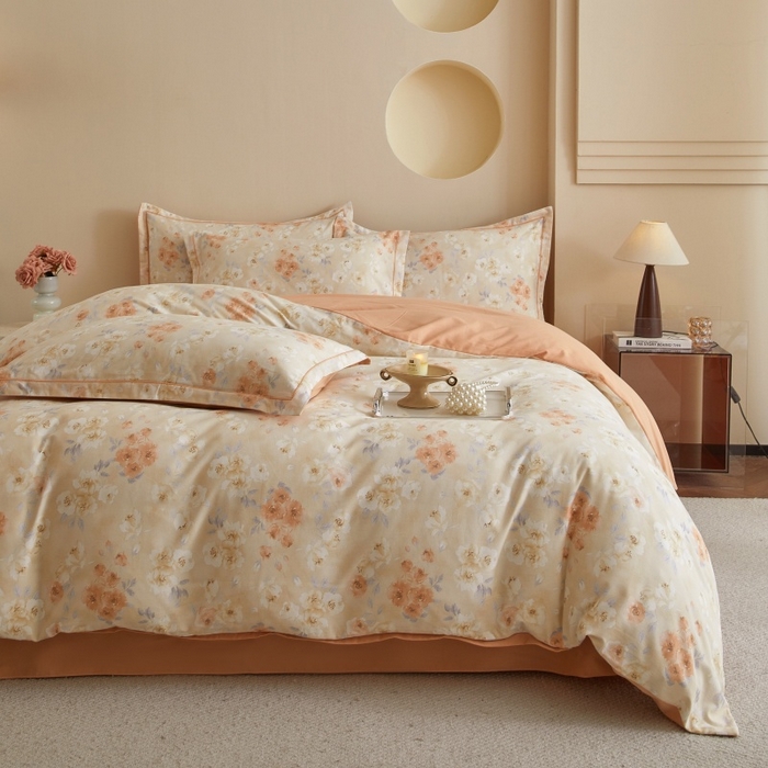 91家纺网 家纺一手货源 找家纺 沐白家居 2025新款全棉生态磨毛四件套嫣然-桔