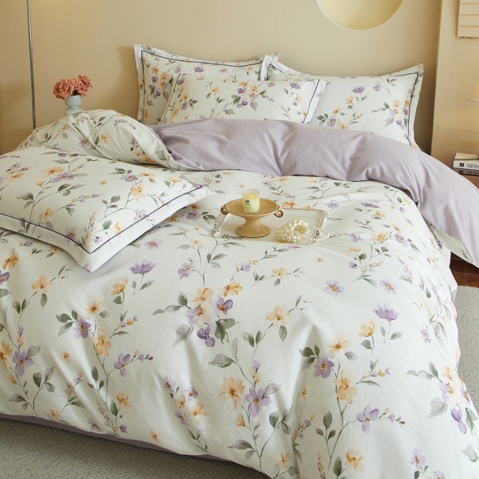 91家纺网 家纺一手货源 找家纺 沐白家居 2025新款全棉生态磨毛四件套花茉里-米白