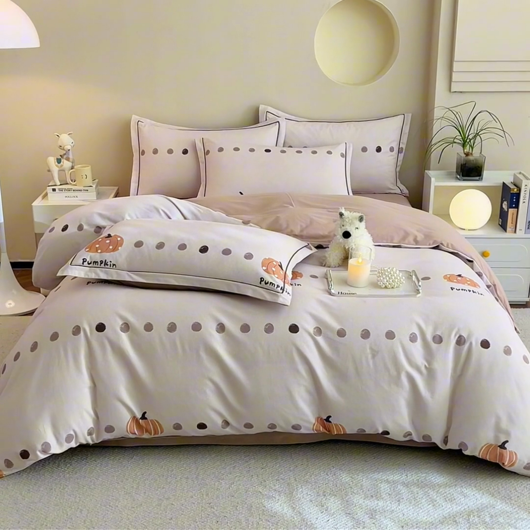 91家纺网 家纺一手货源 找家纺 沐白家居 2025新款全棉生态磨毛四件套南瓜物语