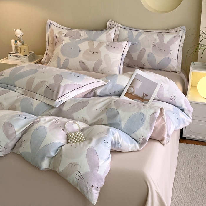 91家纺网 家纺一手货源 找家纺 沐白家居 2025新款全棉生态磨毛四件套萌萌兔-粉