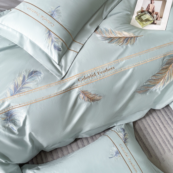 91家纺网 家纺一手货源 找家纺 桃园 2025新款纯棉全棉长绒棉磨毛四件套不掉毛-羽翼 （高端礼盒） 羽翼-飘蓝