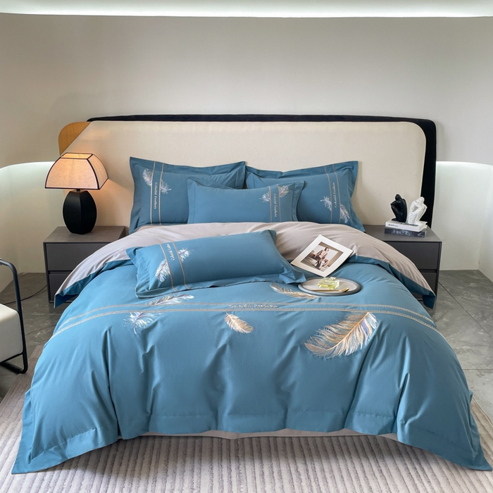 91家纺网 家纺一手货源 找家纺 桃园 2025新款纯棉全棉长绒棉磨毛四件套不掉毛-羽翼 （高端礼盒） 羽翼-宾利蓝