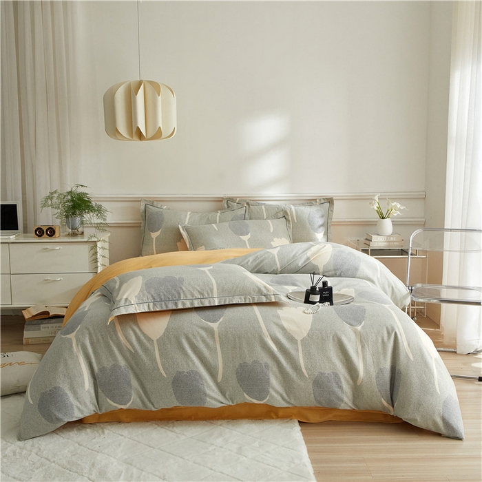 91家纺网 家纺一手货源 找家纺 沐白家居 2025新款全棉生态磨毛四件套人间茶白-灰