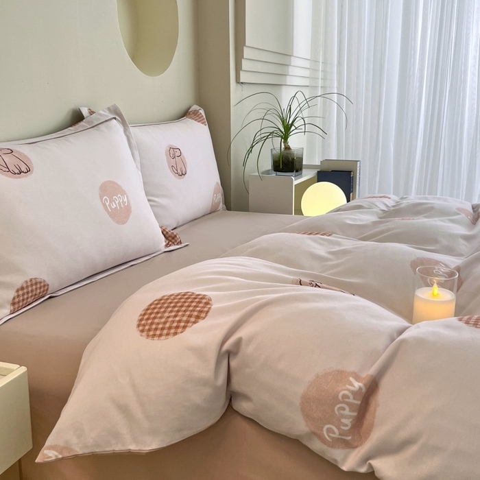 91家纺网 家纺一手货源 找家纺 沐白家居 2025新款全棉生态磨毛四件套小狗puppy