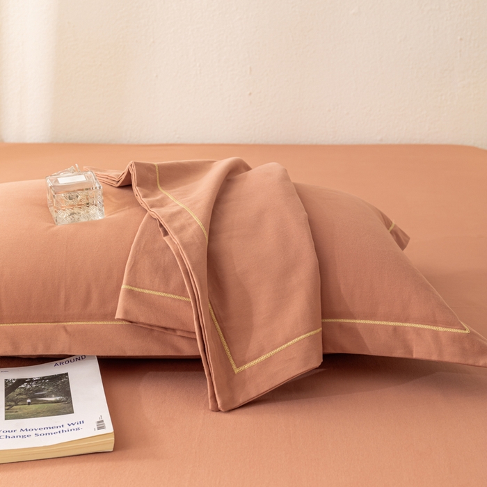 91家纺网 家纺一手货源 找家纺 2025新款A类100%全棉纯色加厚磨毛枕套+床单单件/简约组合 磨毛-枫糖橘