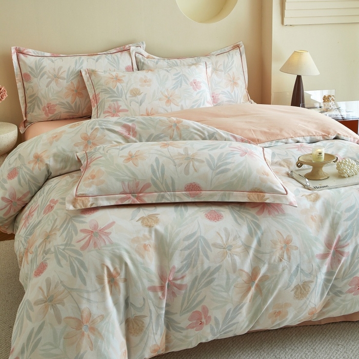 91家纺网 家纺一手货源 找家纺 沐白家居 2025新款全棉生态磨毛四件套花期