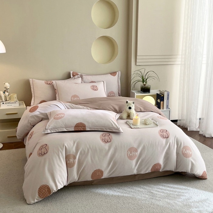 91家纺网 家纺一手货源 找家纺 沐白家居 2025新款全棉生态磨毛四件套小狗puppy