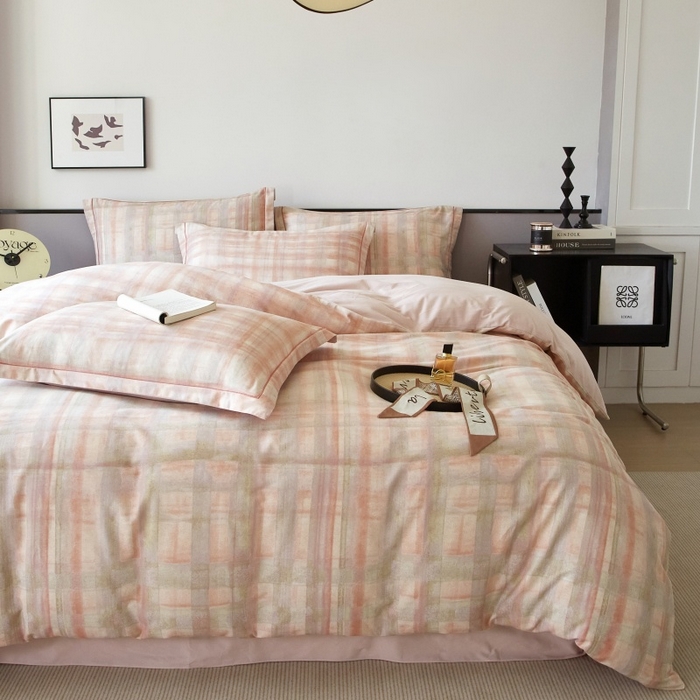 91家纺网 家纺一手货源 找家纺 沐白家居 2025新款全棉生态磨毛四件套彩虹格-粉