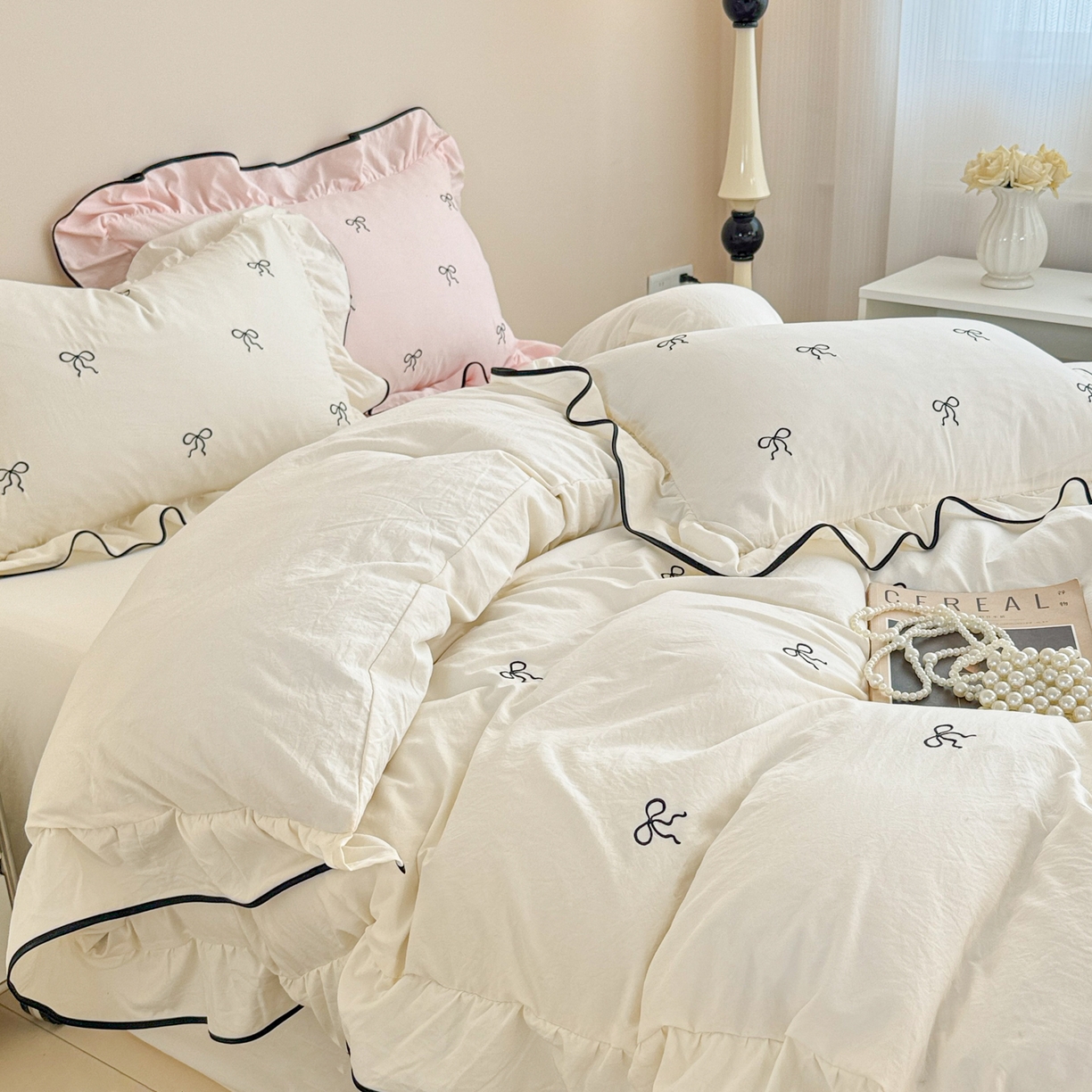 91家纺网 家纺一手货源 找家纺 米可 2025新款云朵棉刺绣花边款四件套 心动-白