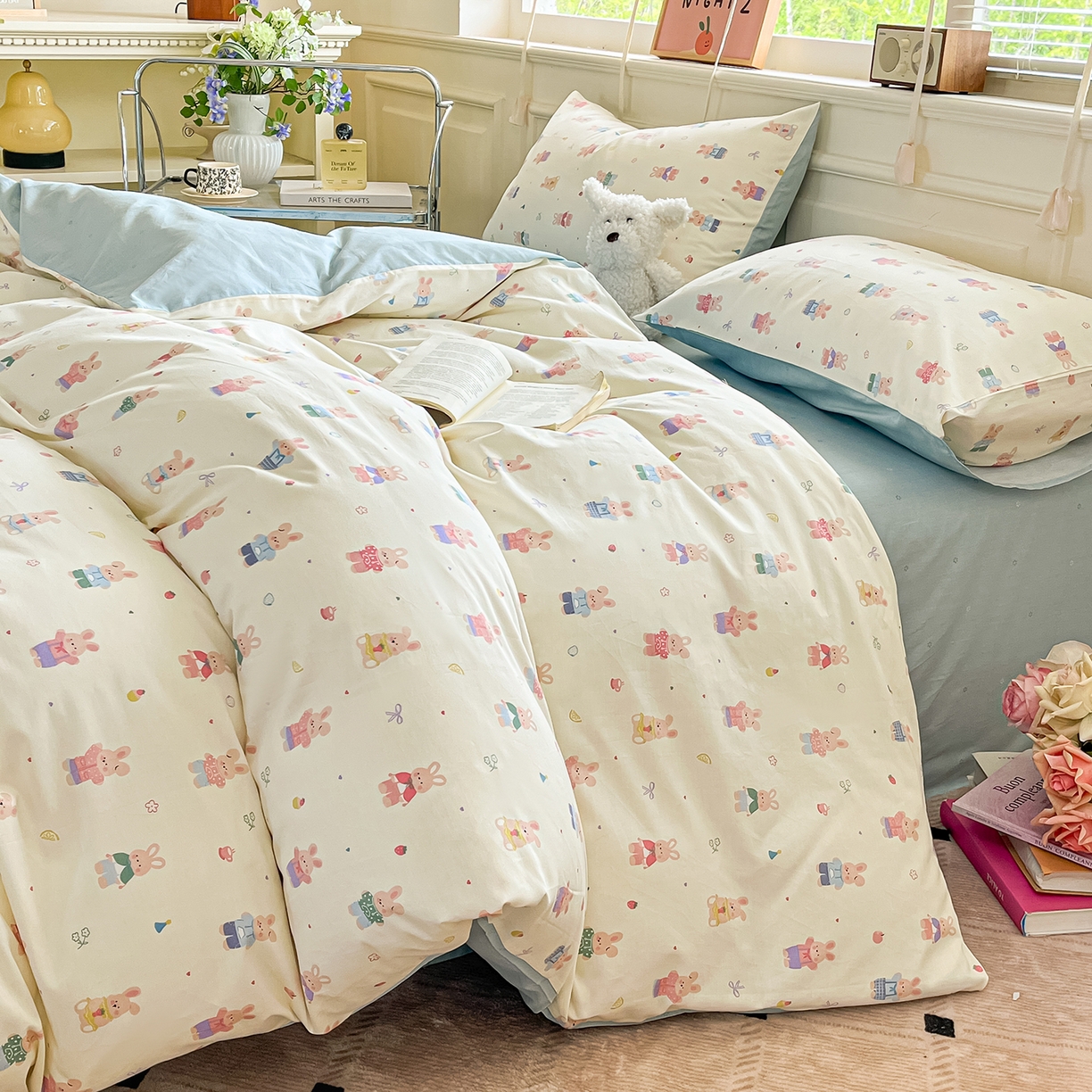 91家纺网 家纺一手货源 找家纺 麦伦家居 2025春夏新款全棉纯棉斜纹40s13372系列-小清新卡通 果冻兔