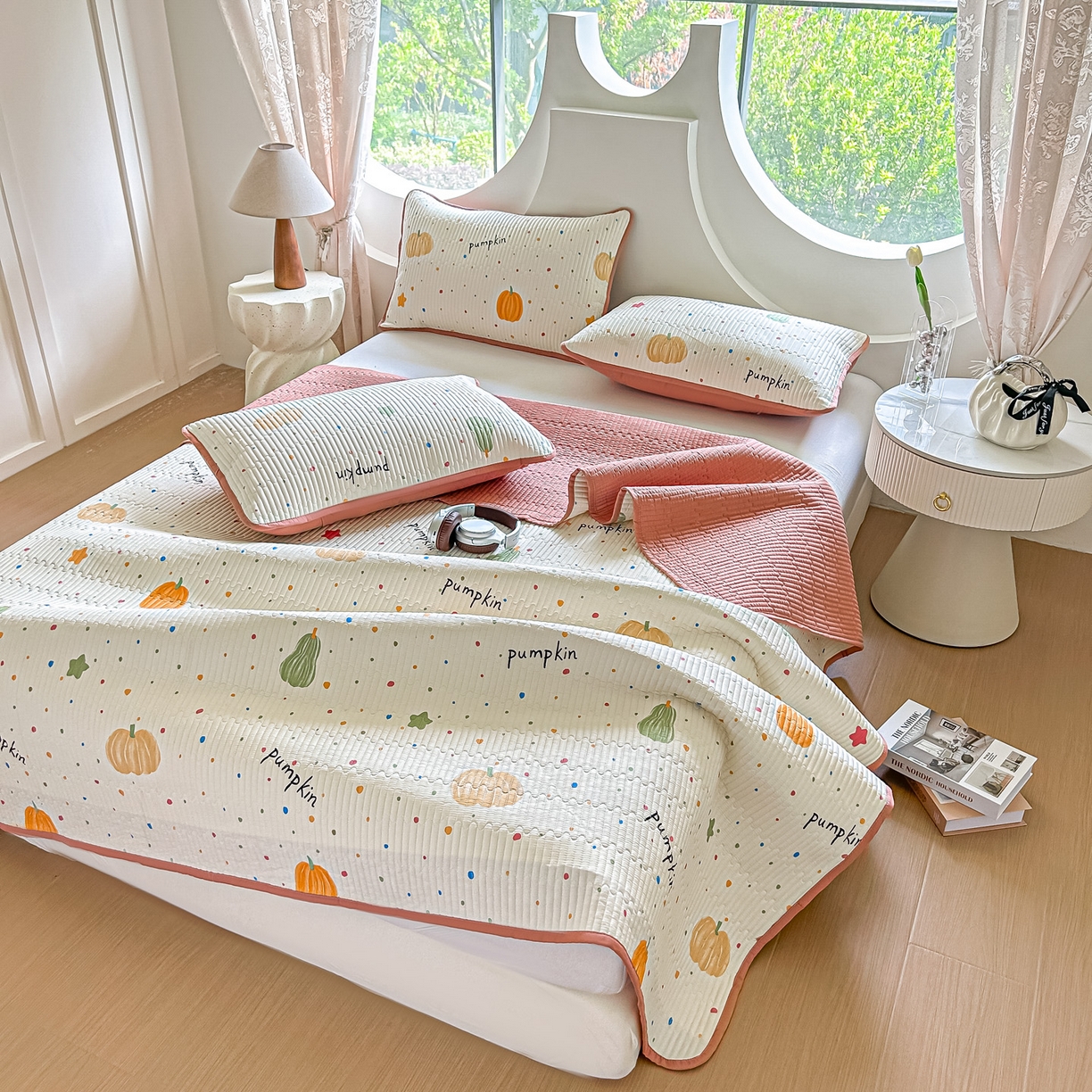 91家纺网 家纺一手货源 找家纺 橘夏家纺 2025新款全棉床盖三件套 南瓜派对